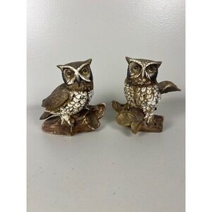 Homco Vintage Owl Figurines Set of 2 Porcelain Bird Statues 1114 Brown White
